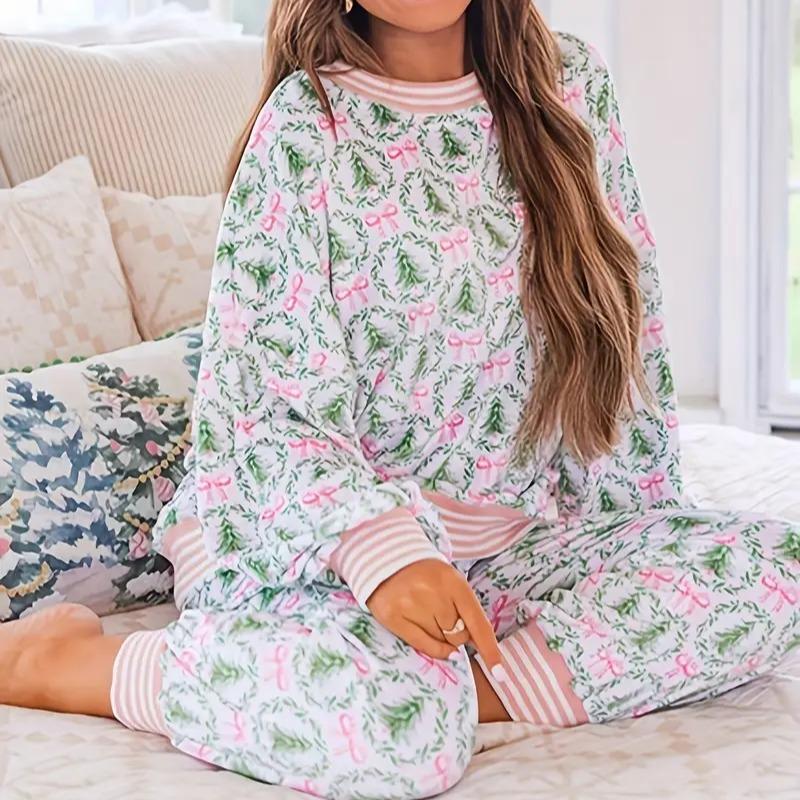 AUBREYâ„¢ - Cozy Christmas Bow Print Loungewear Set