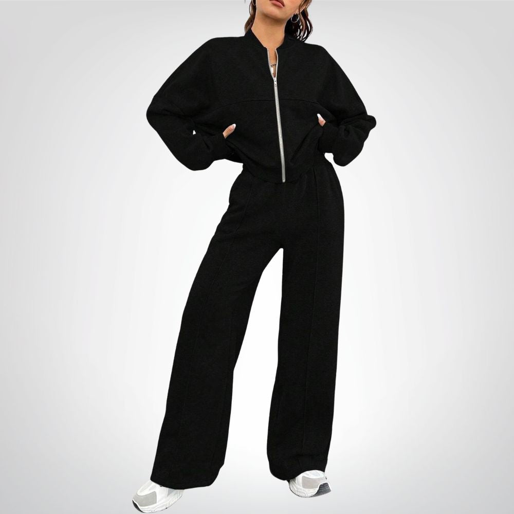 Liora | Zip-up Collarless Cardigan Pants Set