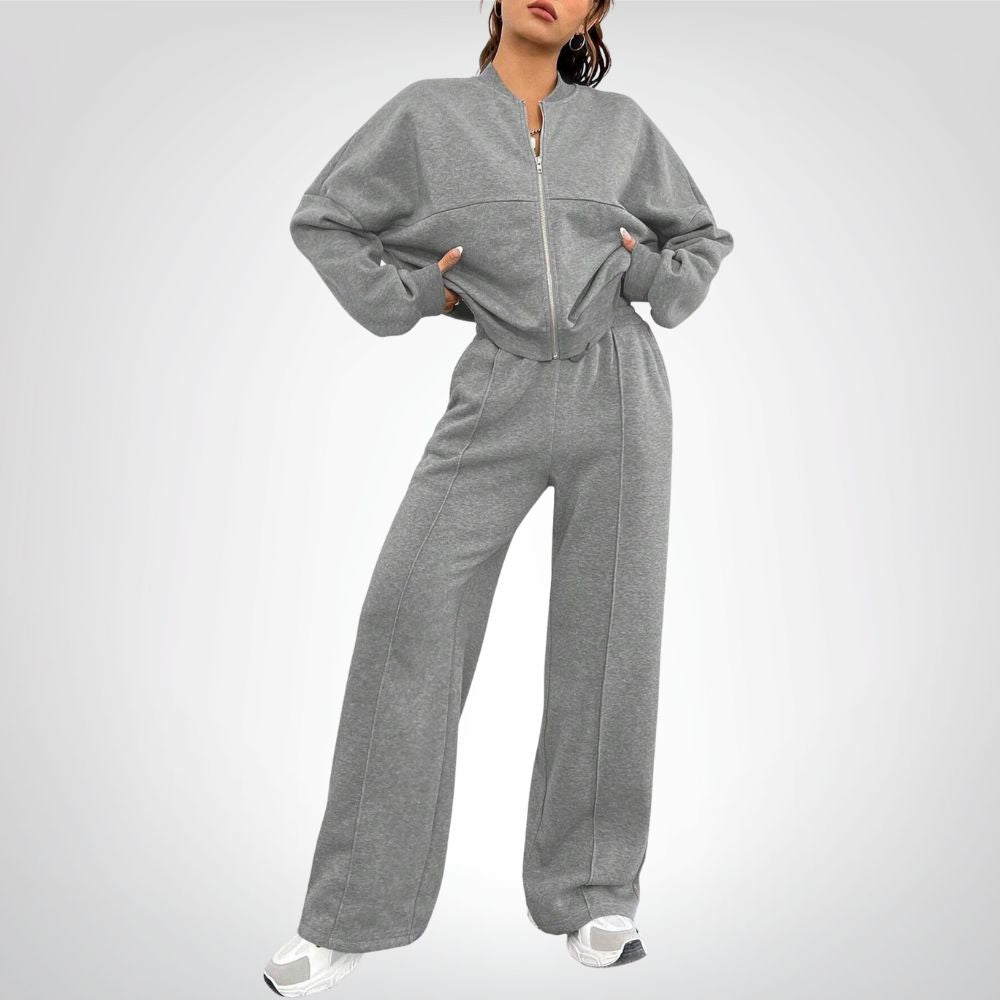 Liora | Zip-up Collarless Cardigan Pants Set