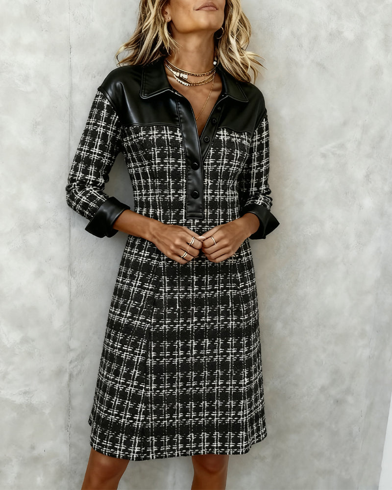 Julia | Long Sleeve Patchwork and Houndstooth Dress